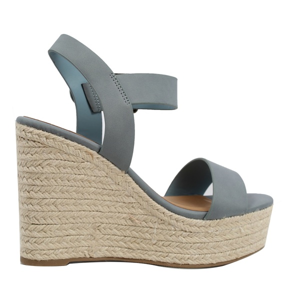 Blue Open Toe Ankle Strap Espadrille Platform Wedg - Picture 3 of 6